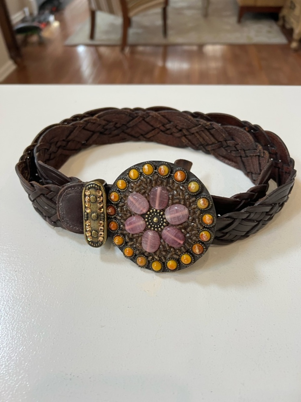 Boho Braided Brown Leather Belt with Floral Beaded Buckle